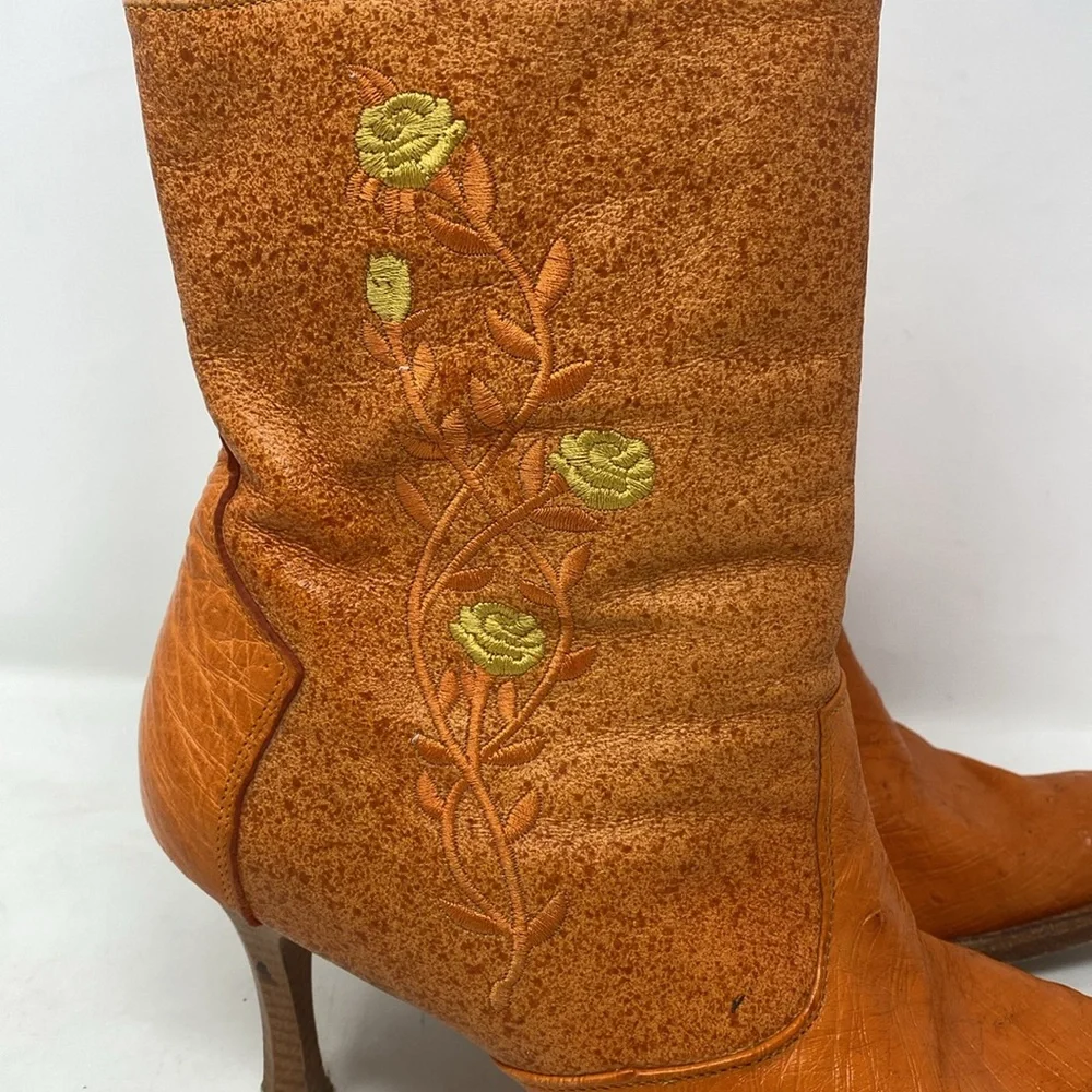 Lagarto Orange Yellow Embroidered Leather Point Toe Heeled Boots - Picture 4 of 12